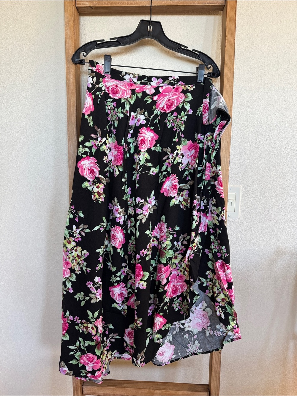 Black Floral A-Line Skirt with Pink Roses